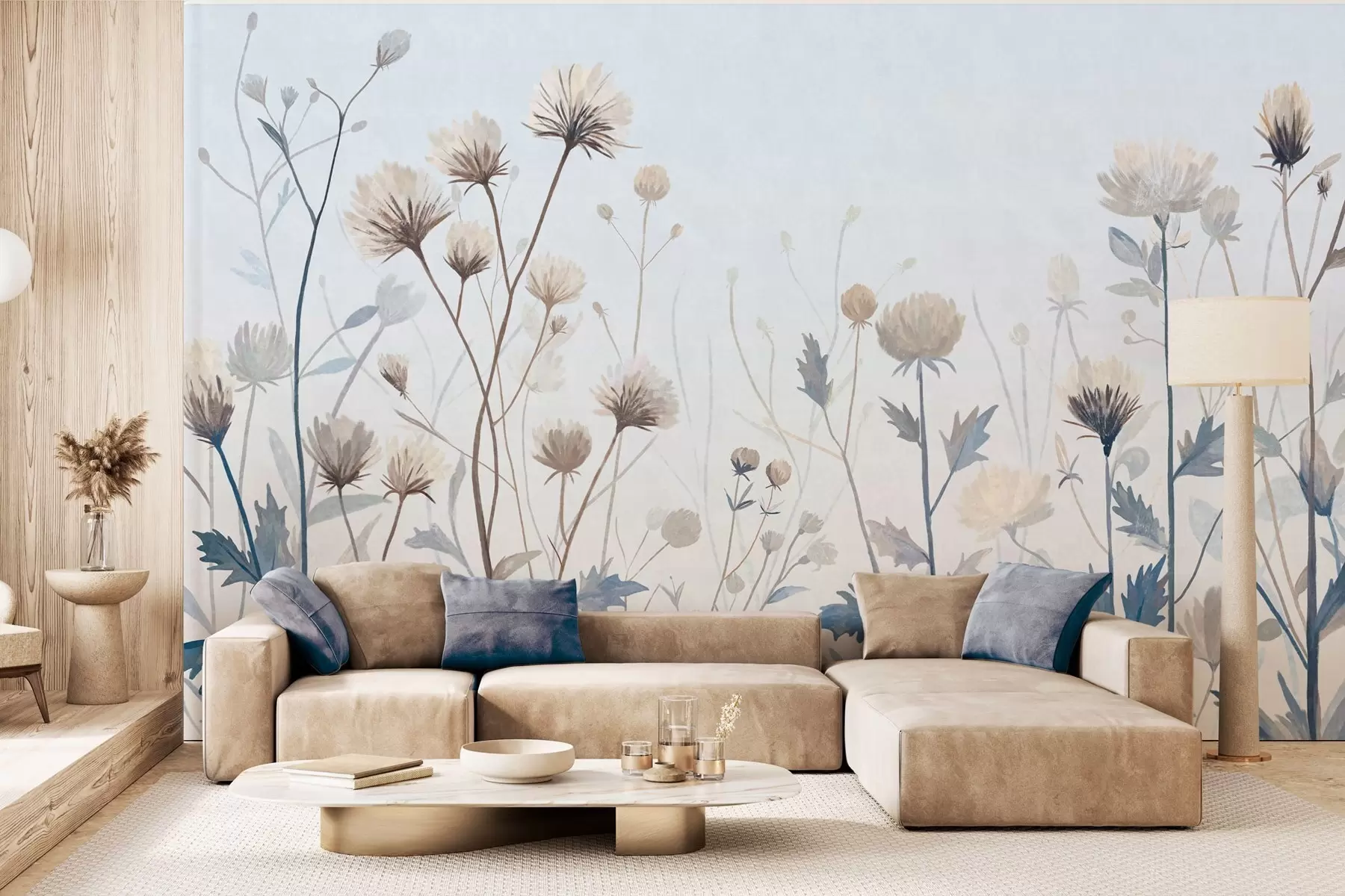 Fotobehang Wilde veldgrassen en bloemen, geschilderd in een landschappelijke stijl tegen een lichte achtergrond w05563