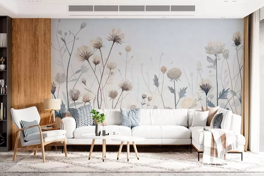 Fotobehang Wilde veldgrassen en bloemen, geschilderd in een landschappelijke stijl tegen een lichte achtergrond w05563