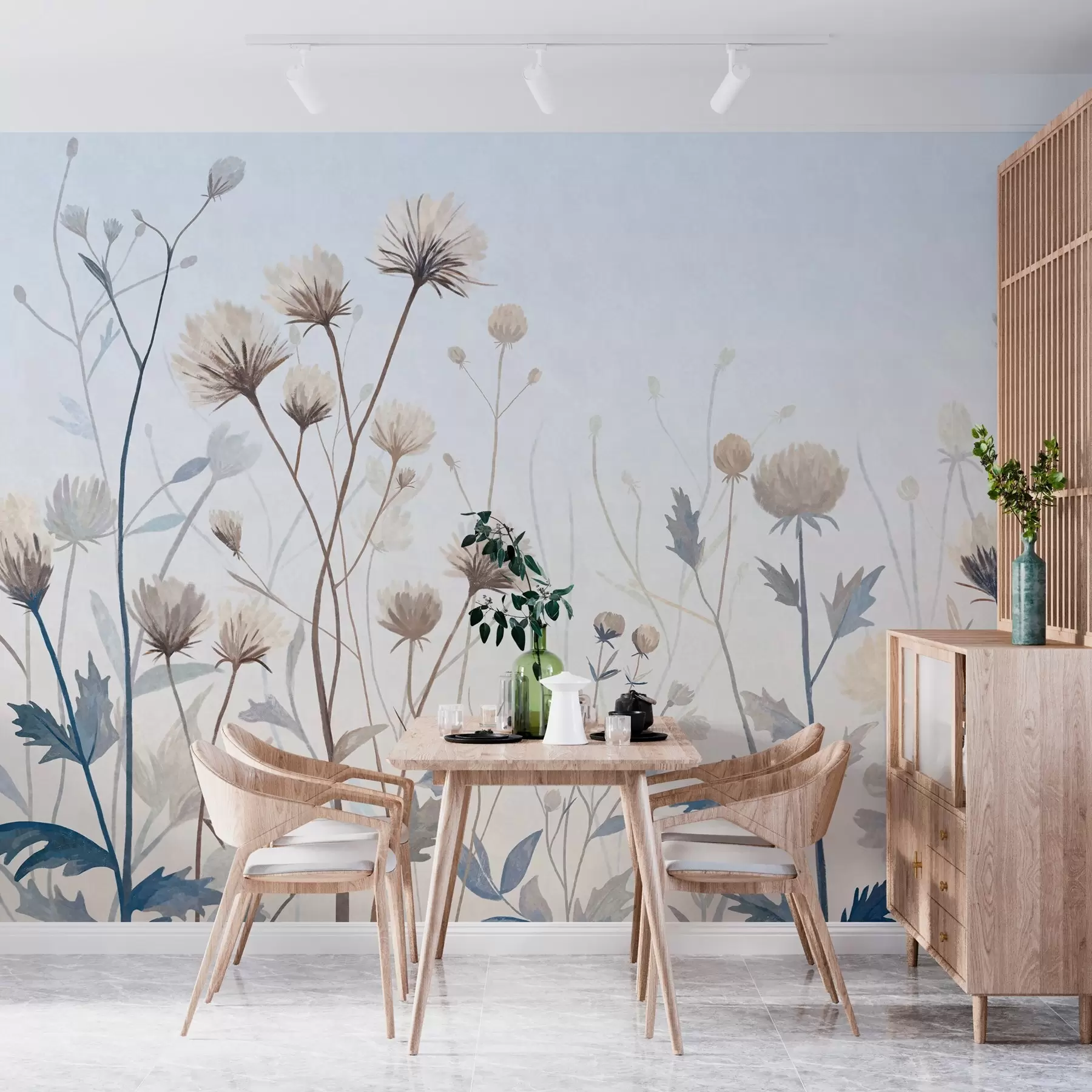 Fotobehang Wilde veldgrassen en bloemen, geschilderd in een landschappelijke stijl tegen een lichte achtergrond w05563