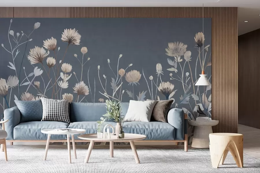 Fotobehang Wilde bloemen en grassen, geschilderd in een schilderachtige stijl tegen een donkerblauwe achtergrond w05563v1