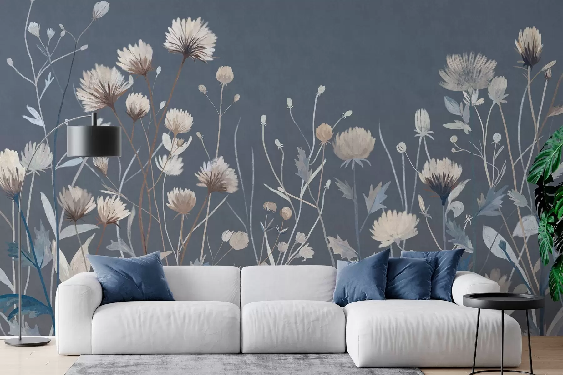 Fotobehang Wilde bloemen en grassen, geschilderd in een schilderachtige stijl tegen een donkerblauwe achtergrond w05563v1