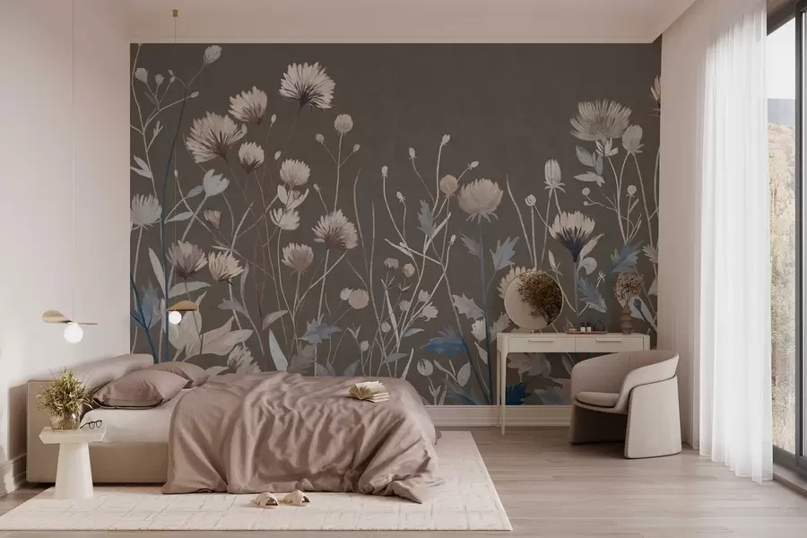 Fotobehang Wilde veldgrassen en bloemen, geschilderd in een schilderachtige stijl tegen een grijsbruine achtergrond w05563v2