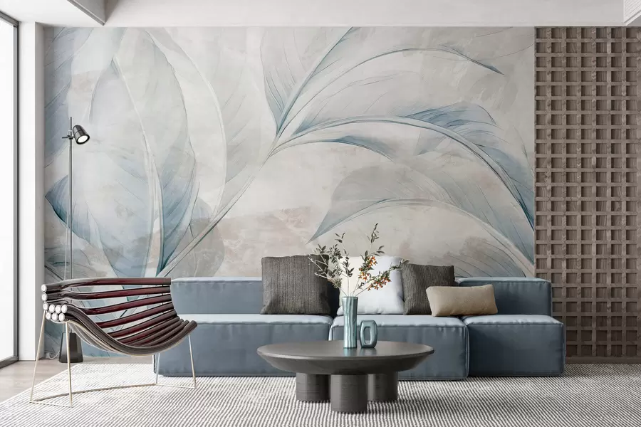 Fotobehang Bladeren op een betonnen muur w05440