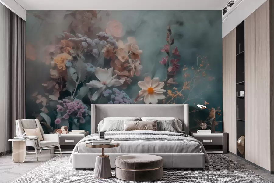 Fotobehang Een dromerig boeket van wilde bloemen in een lichte waas van pasteltinten w09846