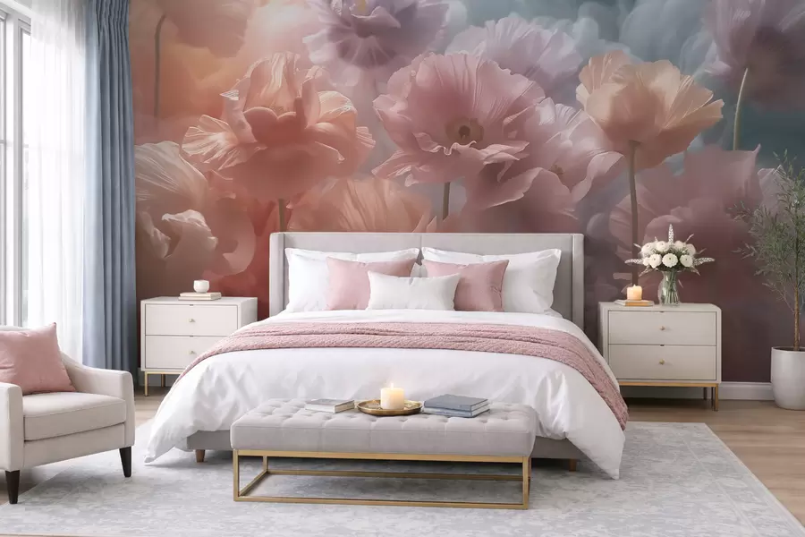 Fotobehang Luchtige bloemen met doorschijnende bloemblaadjes in het zachte ochtendlicht w09847