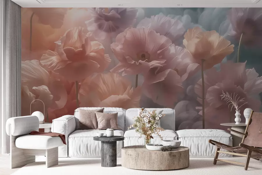 Fotobehang Luchtige bloemen met doorschijnende bloemblaadjes in het zachte ochtendlicht w09847