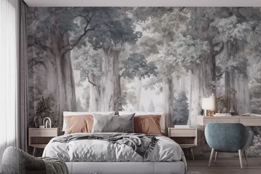 Fotobehang Een sprookjesbos met hoge bomen en een zacht, ingetogen kleurenpalet in aquarelstijl w09849