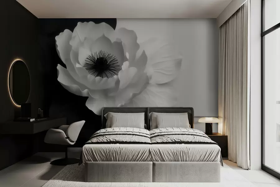 Fotobehang Een contrasterende witte bloem met een donker hart op een zwart-witte achtergrond w09852