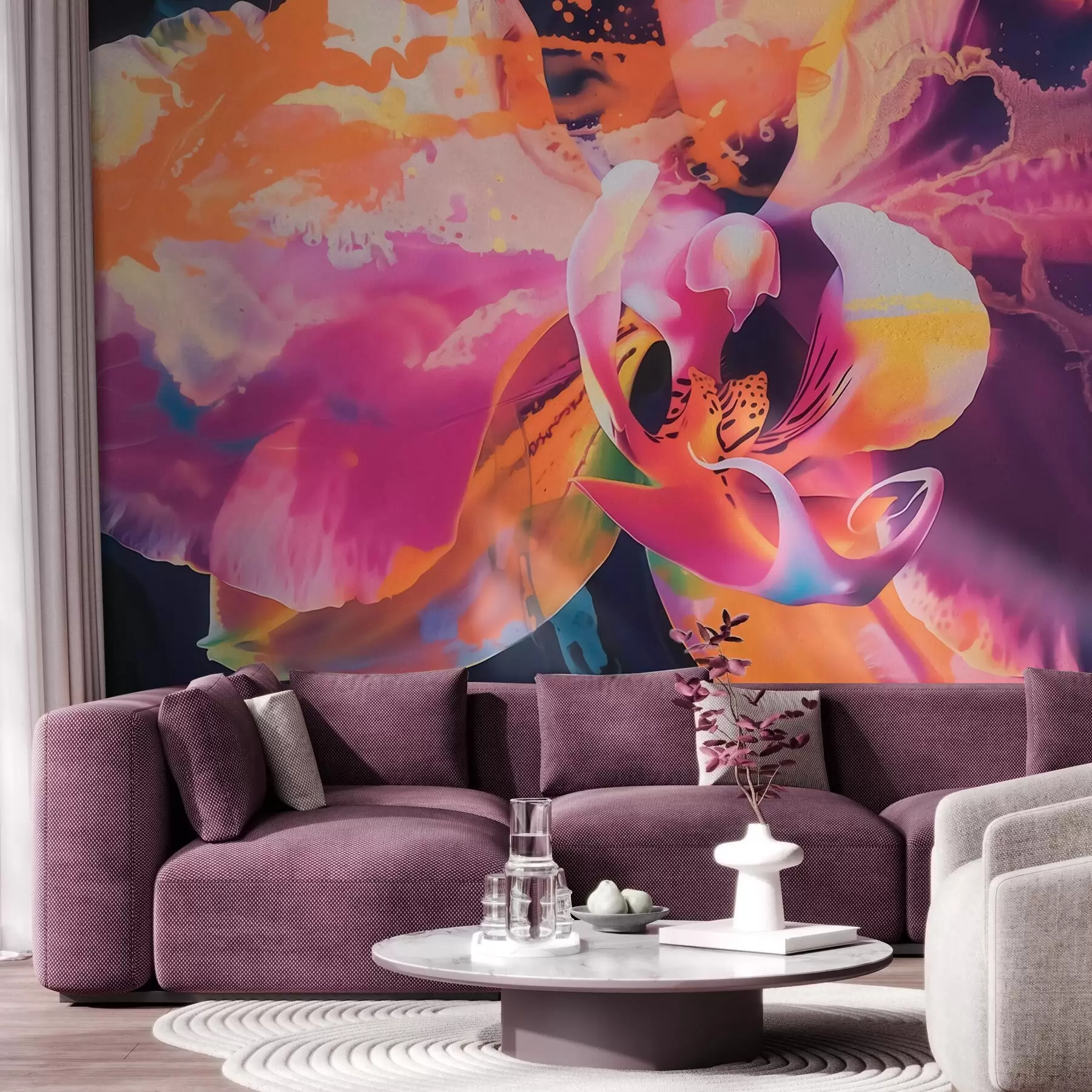 Fotobehang Een levendige, abstracte orchideebloem met rijke kleuren en dynamische vormen in aquarelstijl w09855
