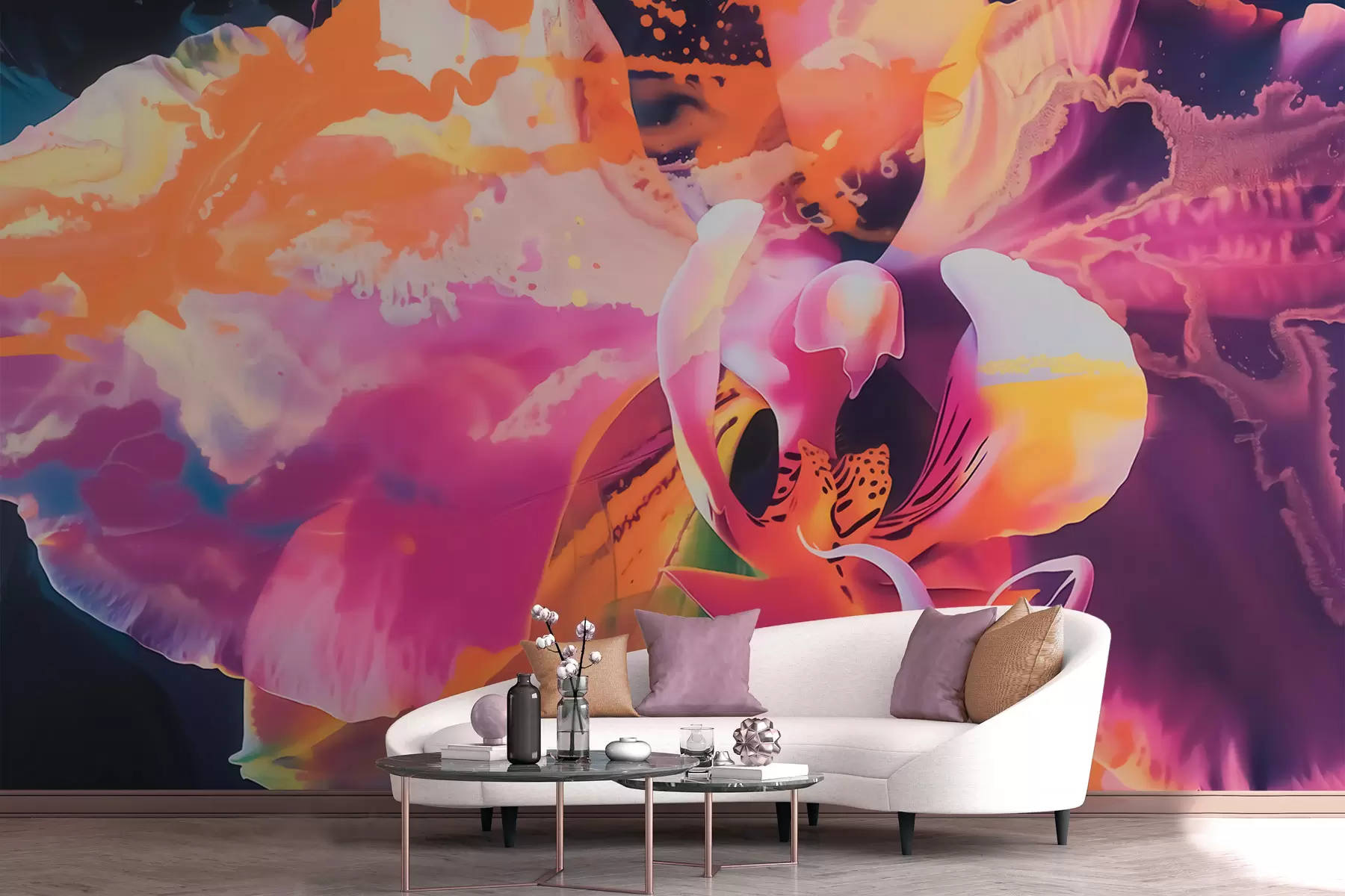 Fotobehang Een levendige, abstracte orchideebloem met rijke kleuren en dynamische vormen in aquarelstijl w09855