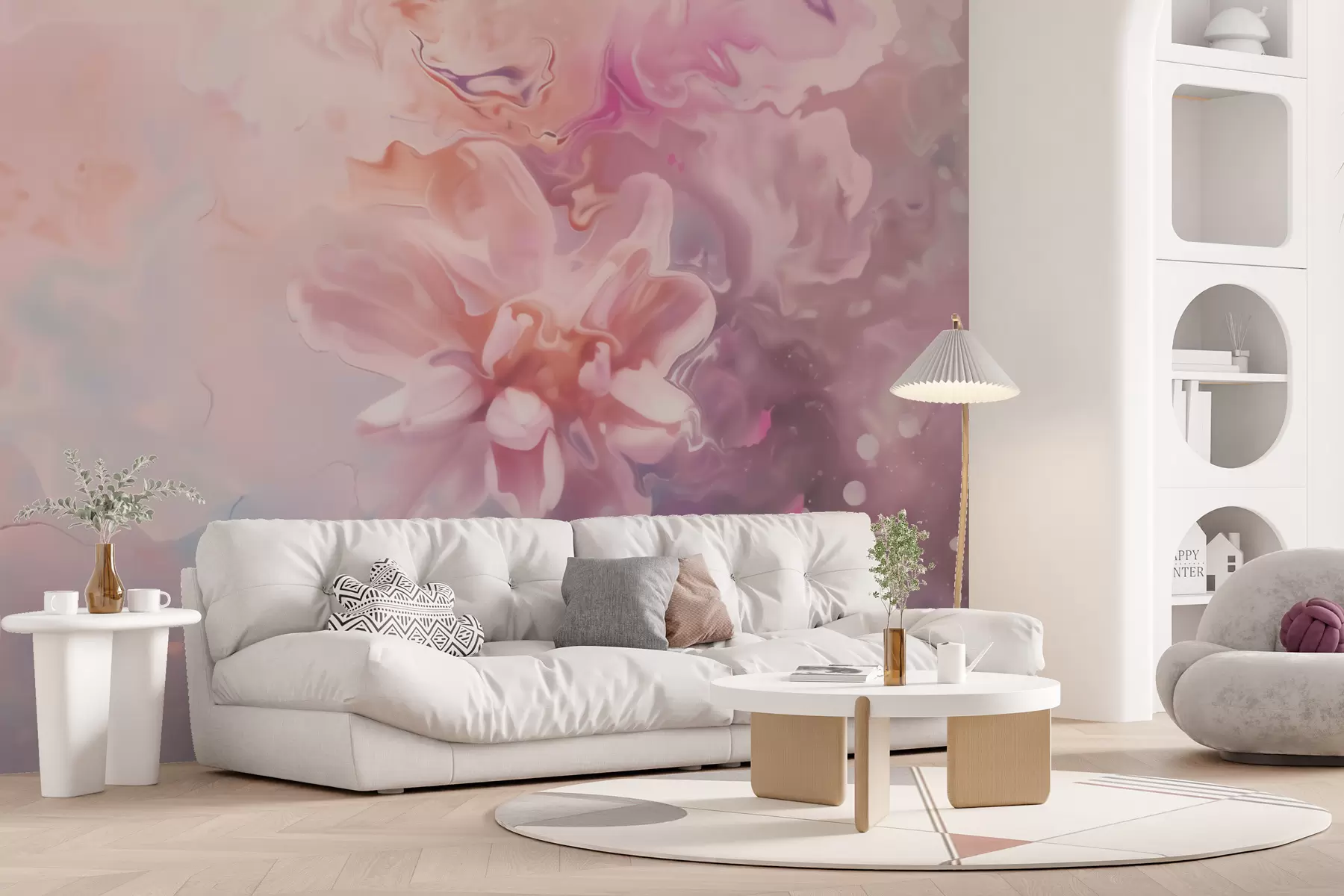 Fotobehang Een abstracte compositie met een bloem en zachtroze vervaagde tinten in aquarelstijl w09859