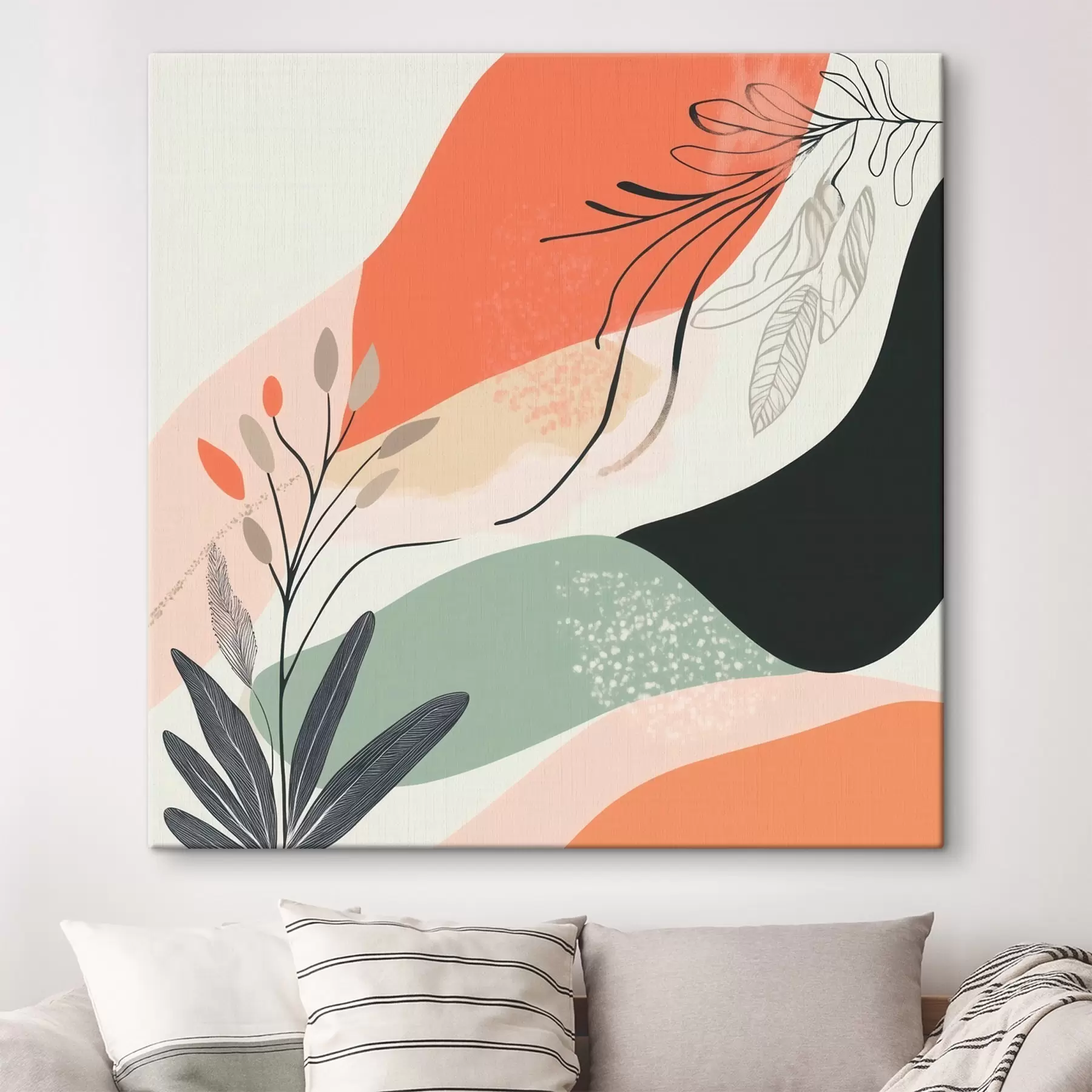  Schilderijen Gestileerde plantmotieven tegen een achtergrond van aquarelvlekken s48839