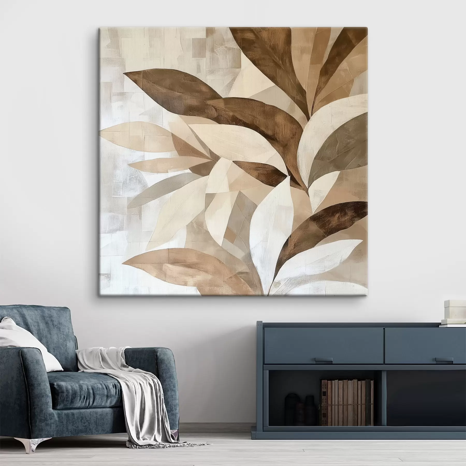  Schilderijen Abstracte bloemcompositie met grote bladeren in bruin-beige tinten s48848