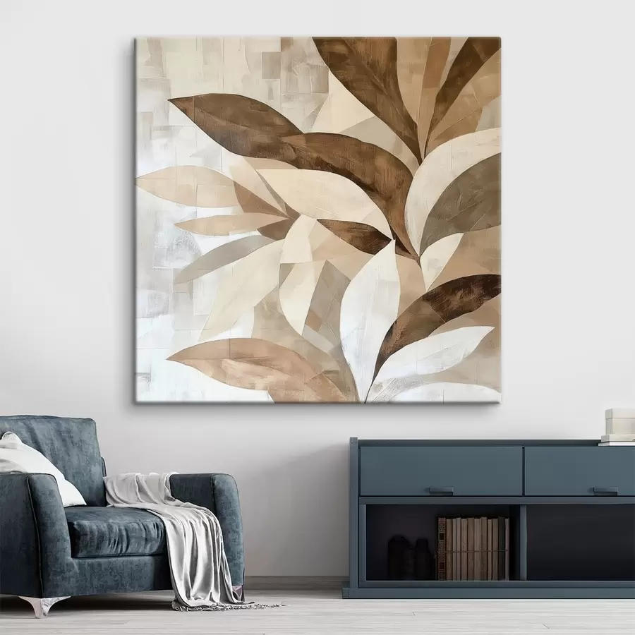  Schilderijen Abstracte bloemcompositie met grote bladeren in bruin-beige tinten s48848