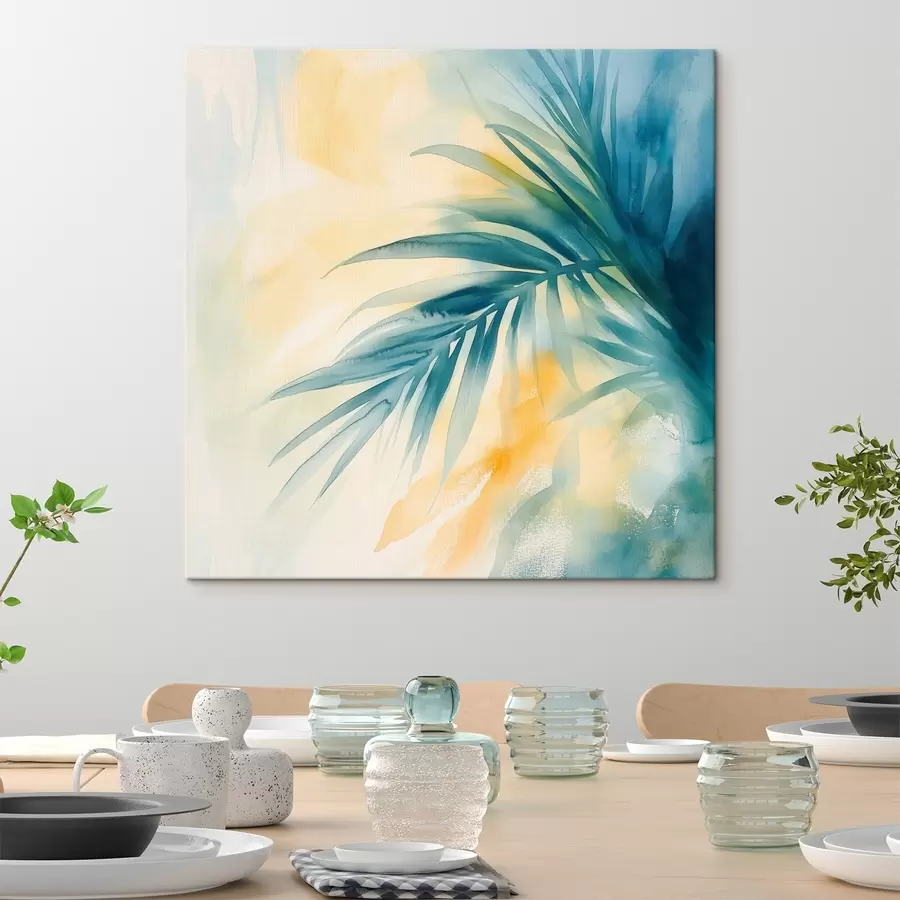  Schilderijen Tropische palmbladeren in blauw-turquoise tinten tegen een achtergrond van warme aquarelvlekken s48849