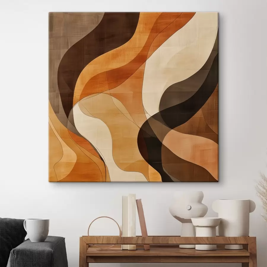  Schilderijen Abstracte compositie met dynamische golvende lijnen in een terracottabruin kleurenpalet s48851