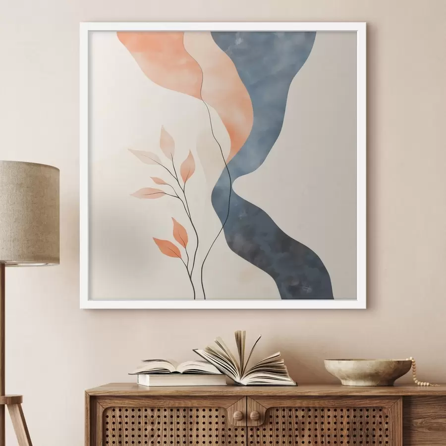 Fotobehang Bloemstuk met vloeiende lijnen in een blauw-oranje kleurenpalet f48837