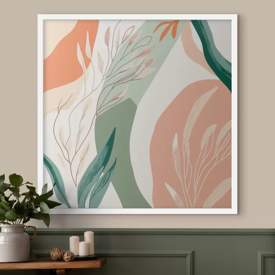 Fotobehang Botanische kunst met zachte vormen in een koraalgroen kleurenpalet f48840