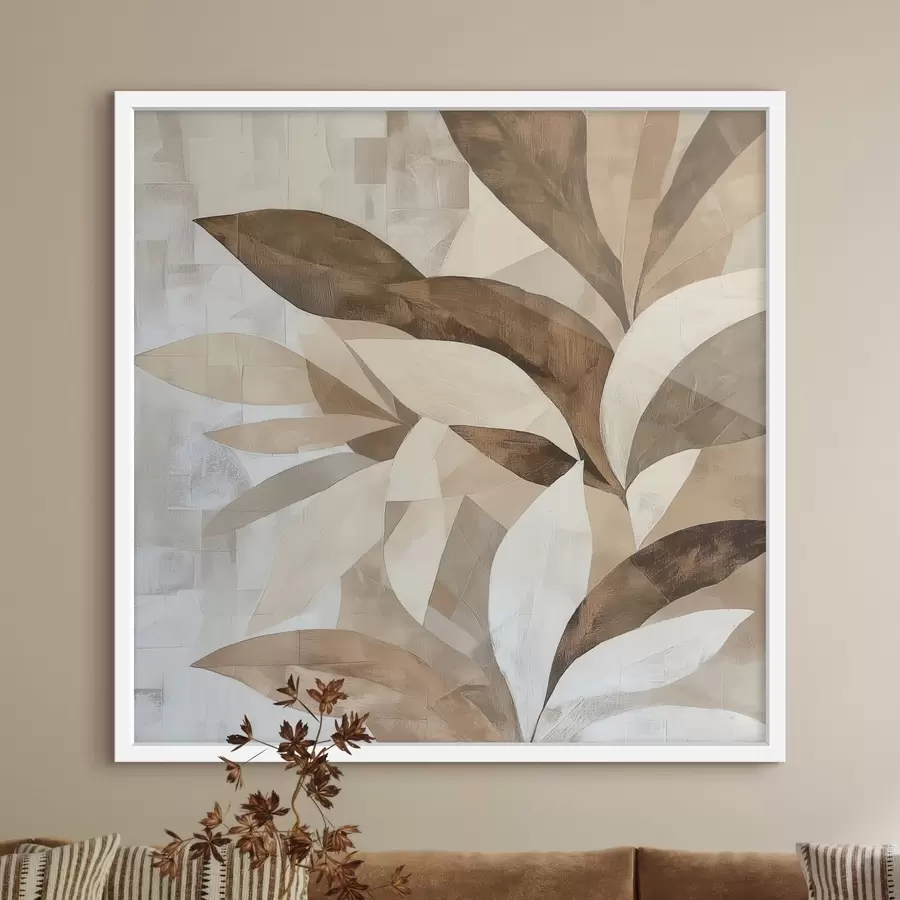 Fotobehang Abstracte bloemcompositie met grote bladeren in bruin-beige tinten f48848