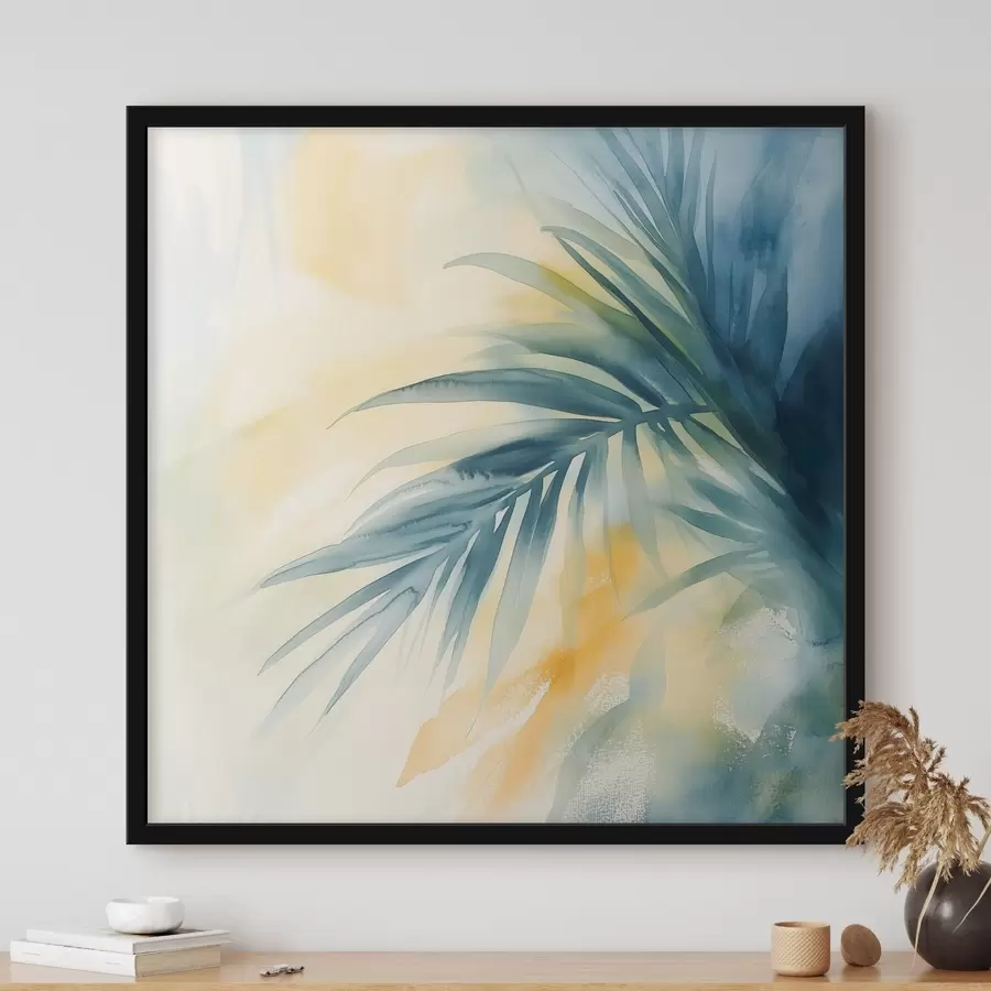 Fotobehang Tropische palmbladeren in blauw-turquoise tinten tegen een achtergrond van warme aquarelvlekken f48849