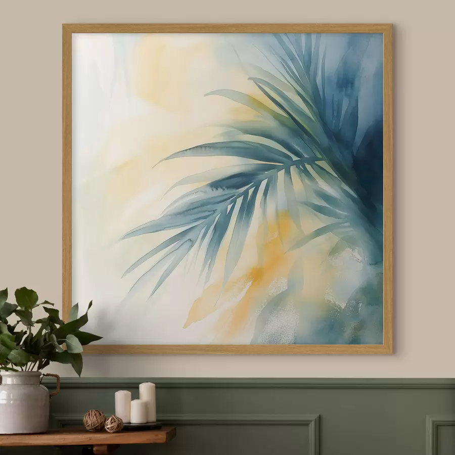 Fotobehang Tropische palmbladeren in blauw-turquoise tinten tegen een achtergrond van warme aquarelvlekken f48849