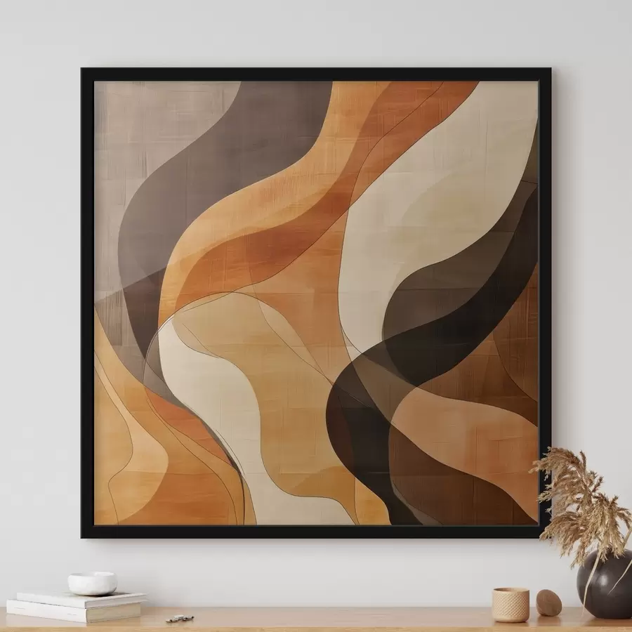 Fotobehang Abstracte compositie met dynamische golvende lijnen in een terracottabruin kleurenpalet f48851