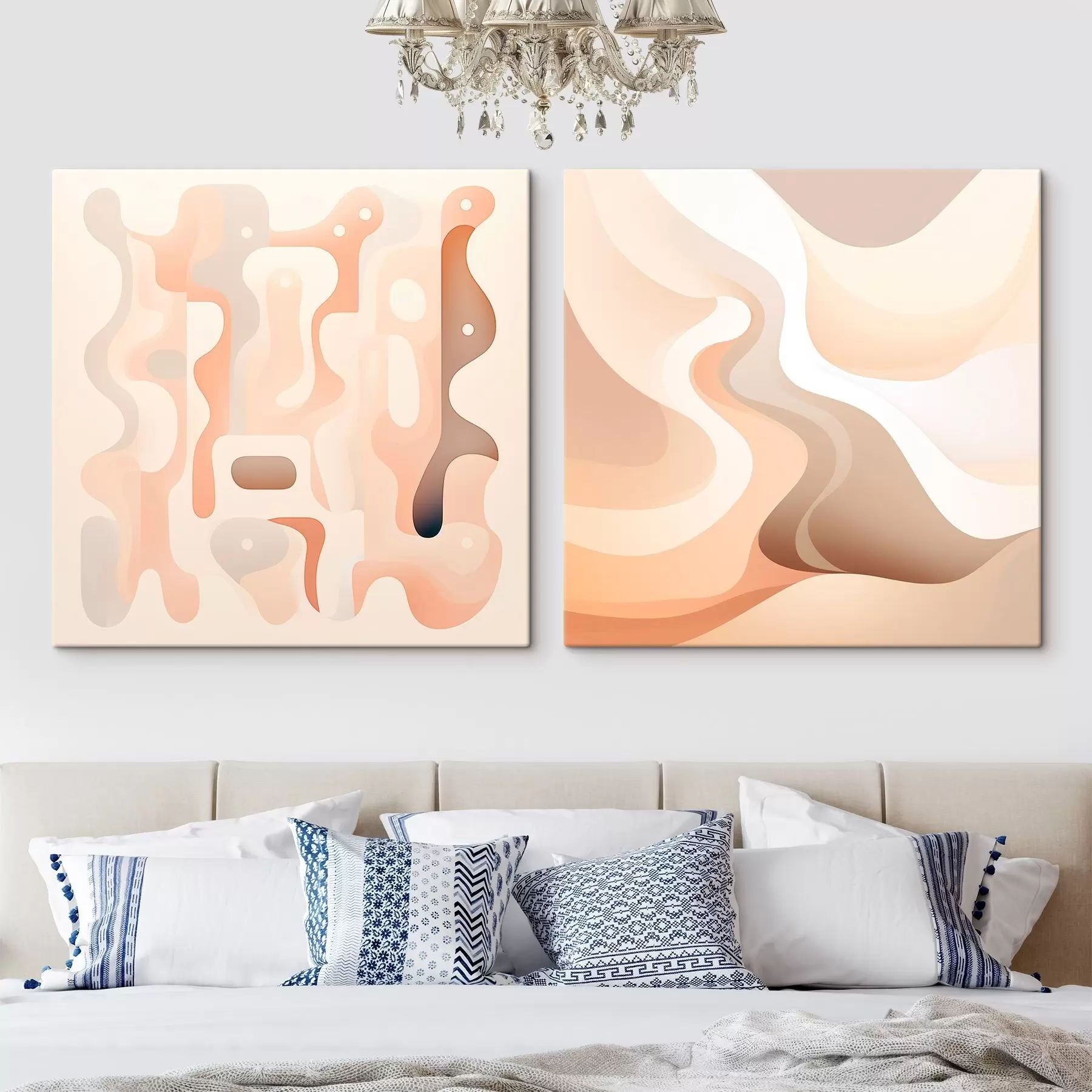  Schilderijen Abstracte compositie met vloeiende lijnen en volumineuze vormen in een beige-bruin kleurenpalet m30349