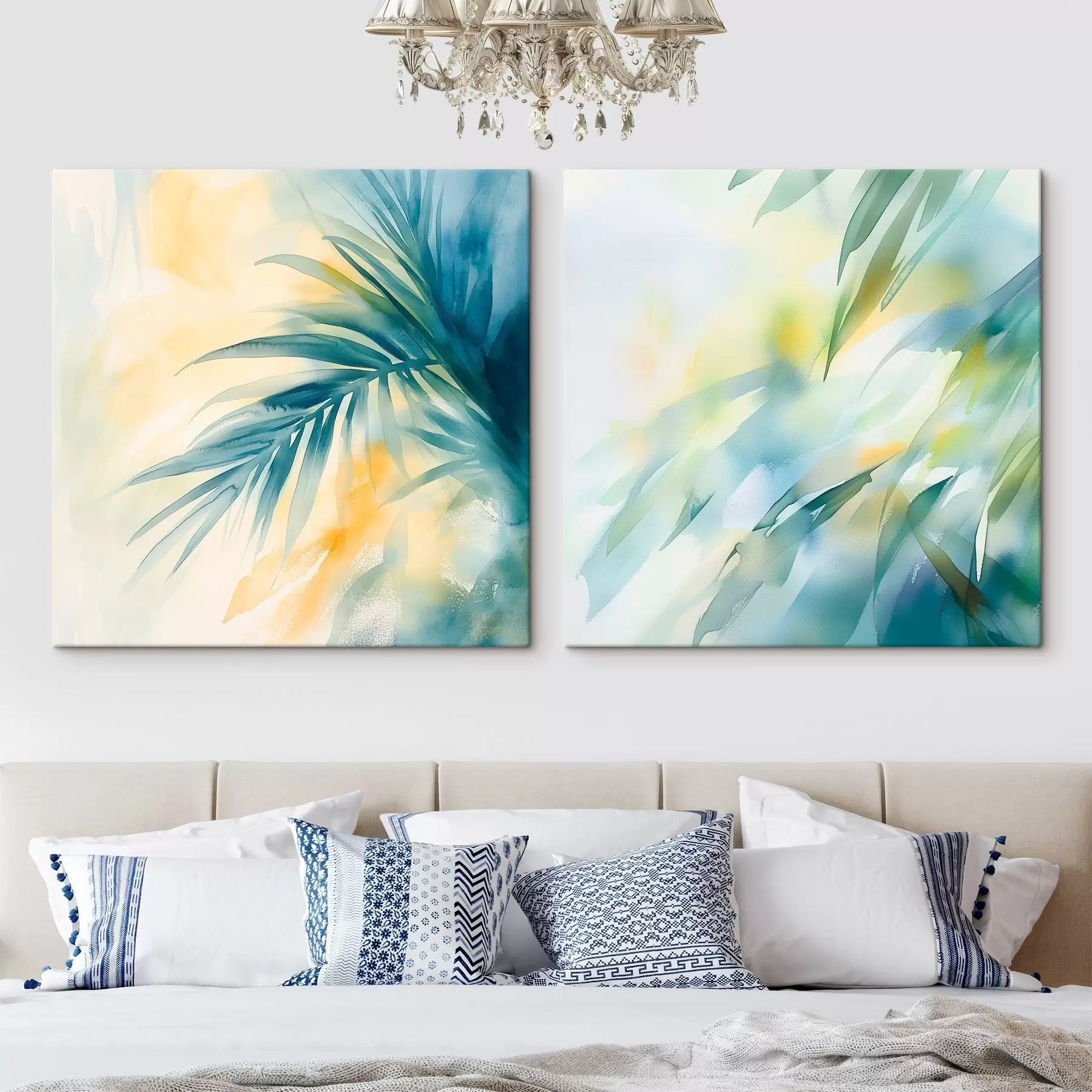  Schilderijen Tropische bladeren in een turquoise-geel kleurenpalet, uitgevoerd in aquarelstijl m30351