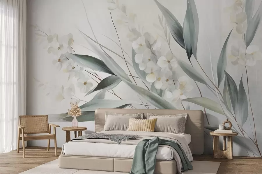 Fotobehang Verfijnde bloemen en lange groene bladeren in een schilderachtige stijl met subtiele penseelstreken, kunst met textuur w09827