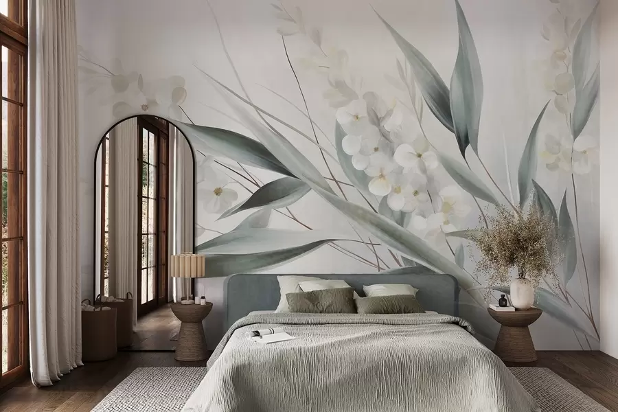 Fotobehang Verfijnde bloemen en lange groene bladeren in een schilderachtige stijl met subtiele penseelstreken, kunst met textuur w09827