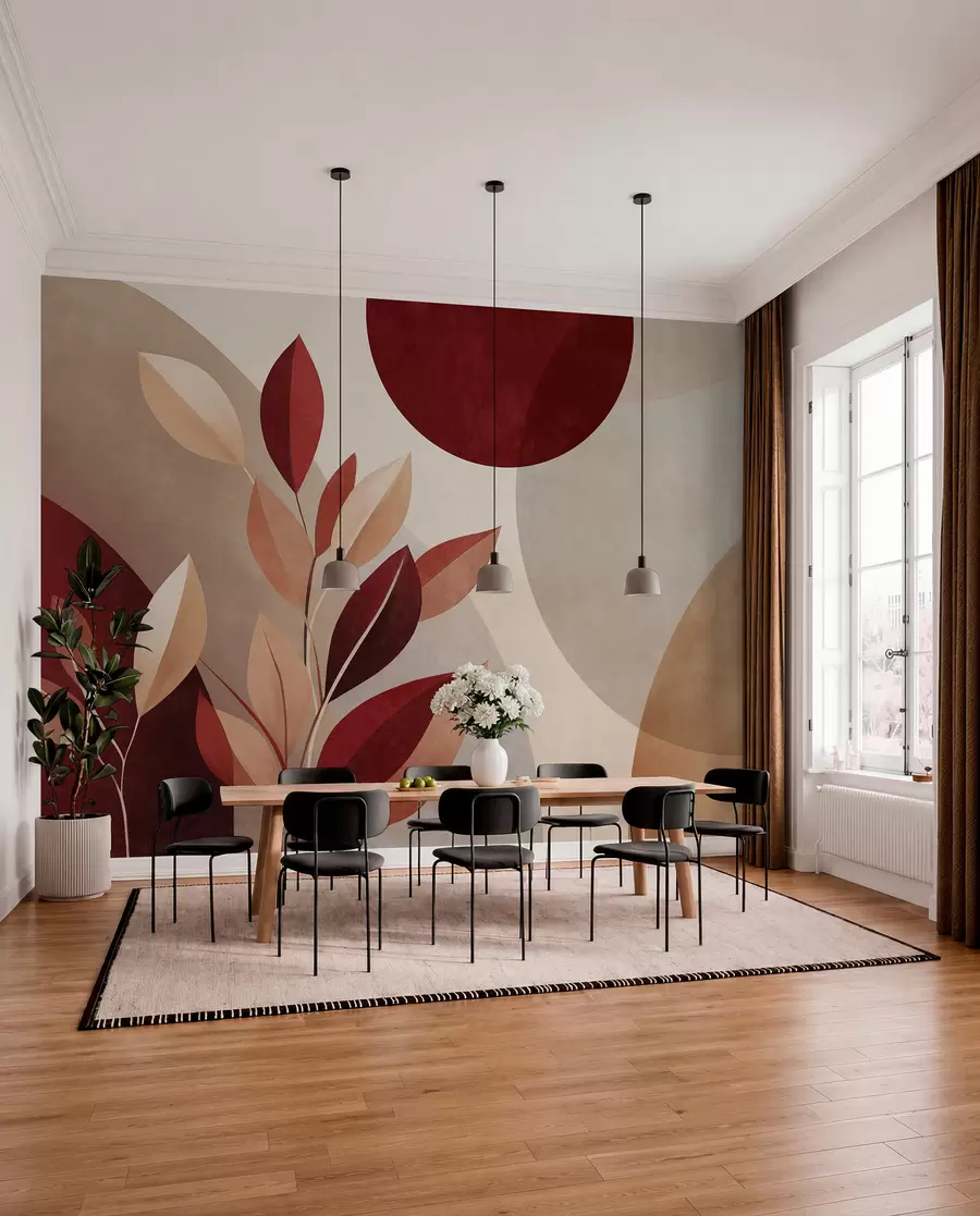 Fotobehang Bordeauxrode en beige bladeren met structuur tegen een achtergrond van abstracte vormen, minimalisme, moderne kunst w09829