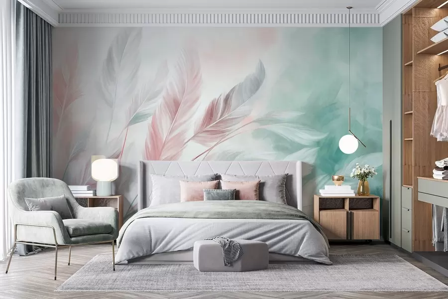 Fotobehang Pastelkleurige veren met een gestructureerd oppervlak en zachte, luchtige randen, tegen een achtergrond in aquarelstijl w09833v1