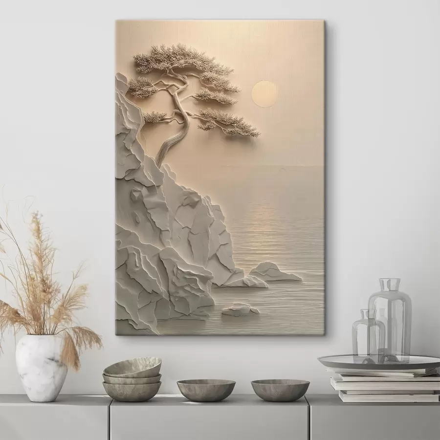  Schilderijen een boom op een helling aan zee, in bas-reliëfstijl s49001