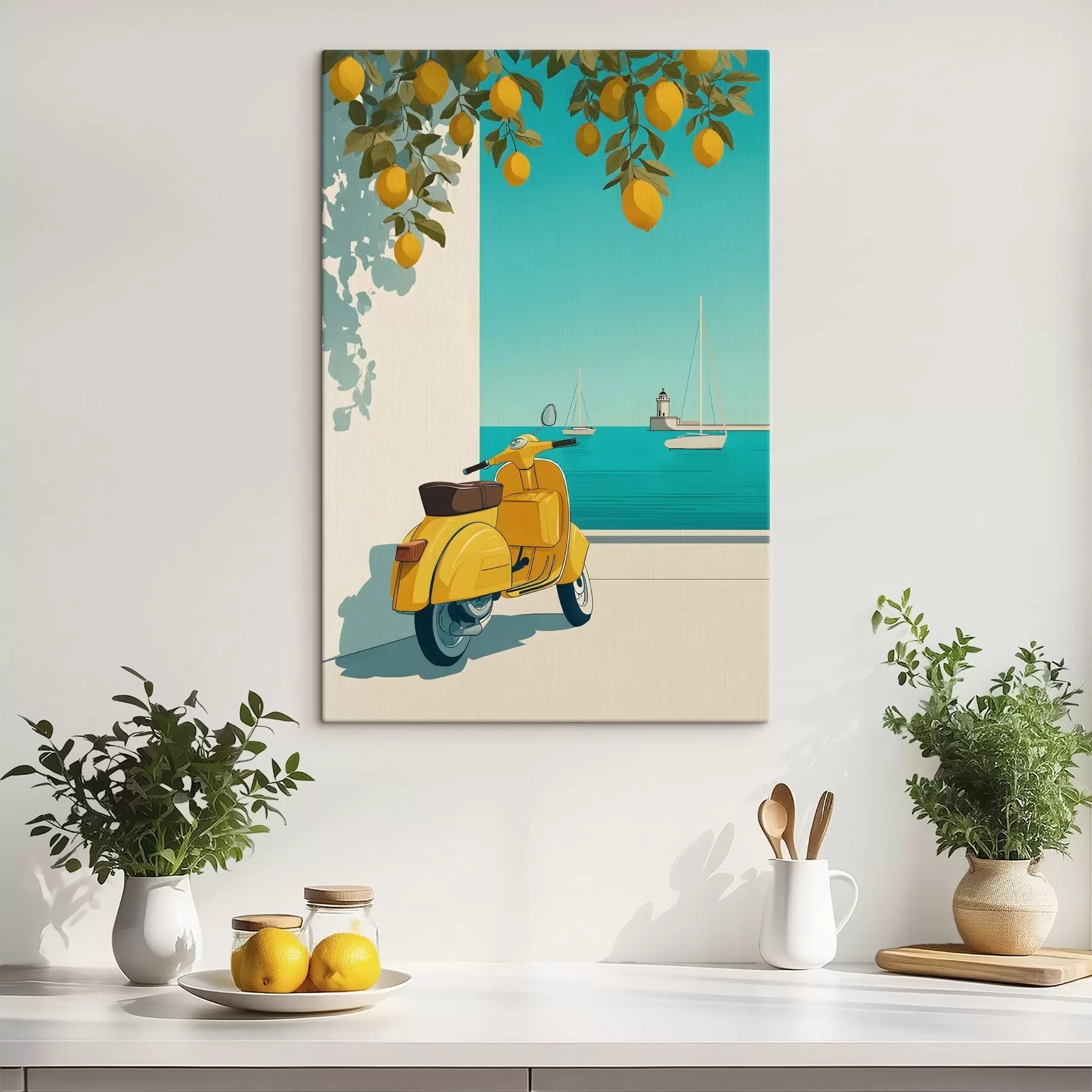  Schilderijen een bromfiets aan zee onder de citroenbomen s49008
