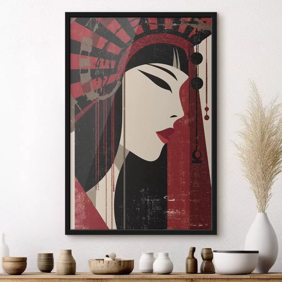 Fotobehang gestileerd portret van een vrouw, geïnspireerd door de Japanse en art-deco-esthetiek f48993