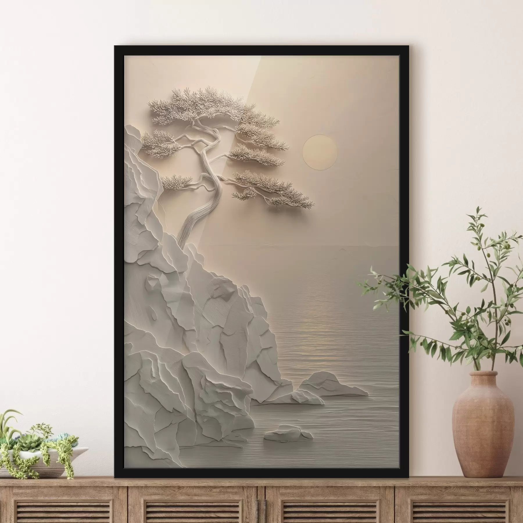 Fotobehang een boom op een helling aan zee, in bas-reliëfstijl f49001