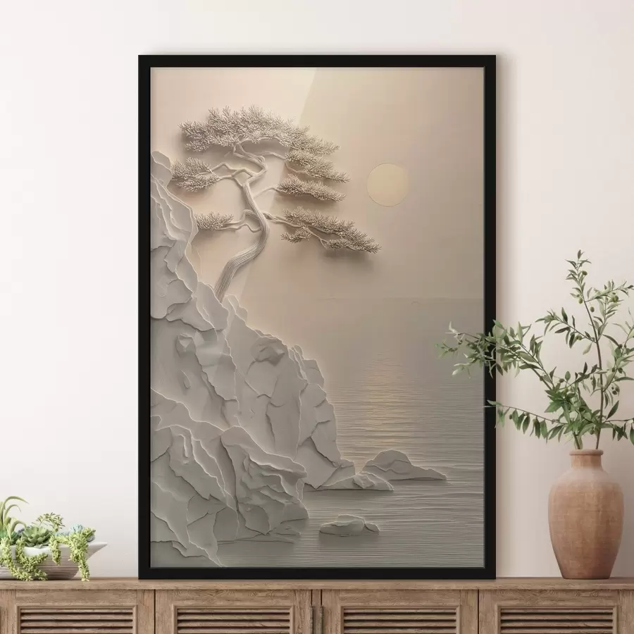 Fotobehang een boom op een helling aan zee, in bas-reliëfstijl f49001