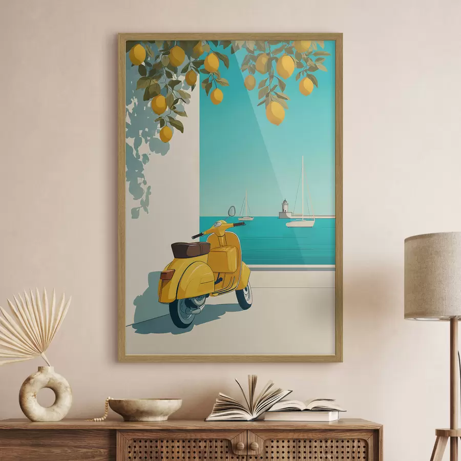 Fotobehang een bromfiets aan zee onder de citroenbomen f49008