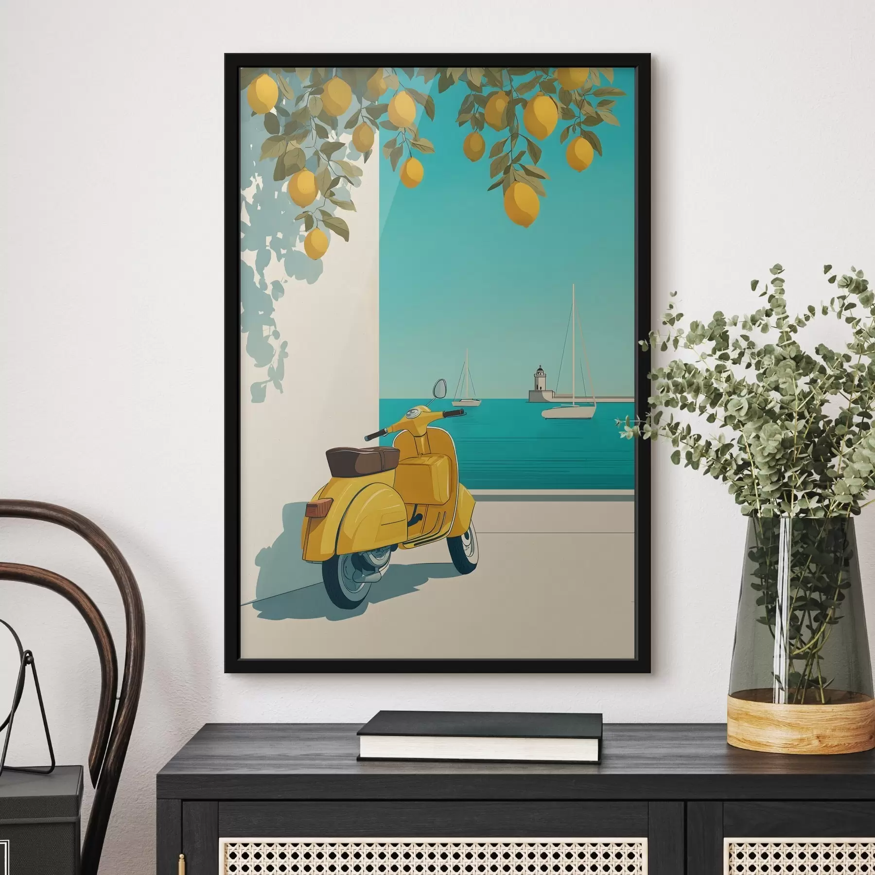 Fotobehang een bromfiets aan zee onder de citroenbomen f49008