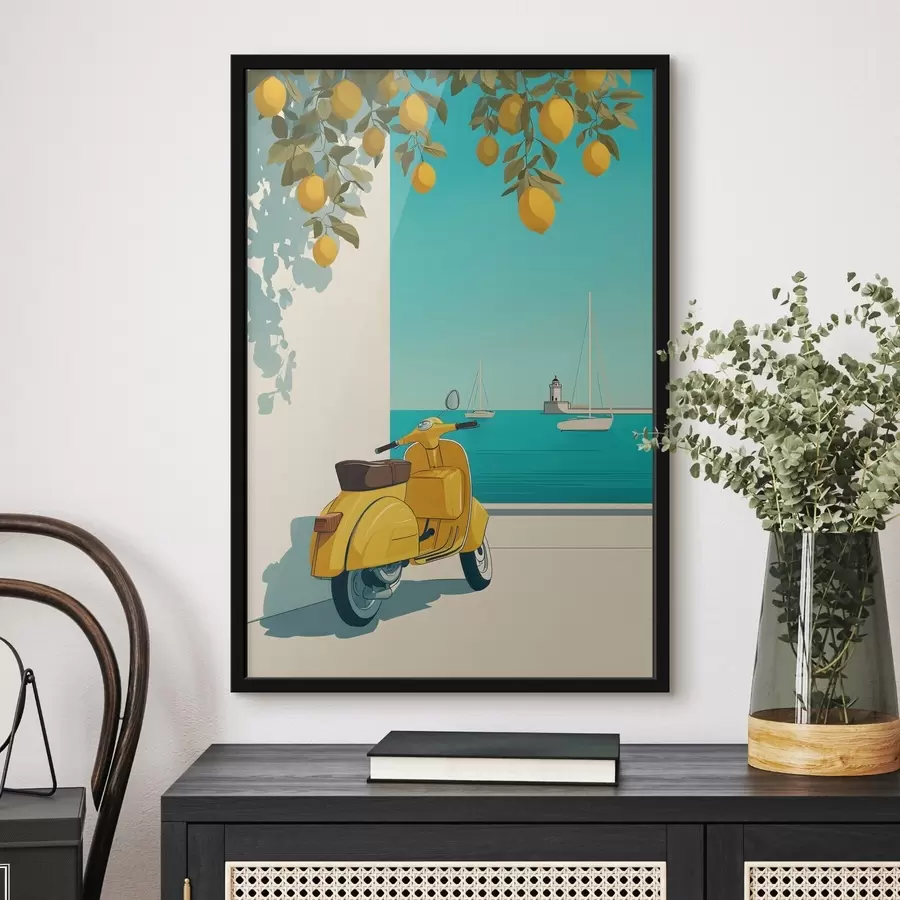 Fotobehang een bromfiets aan zee onder de citroenbomen f49008