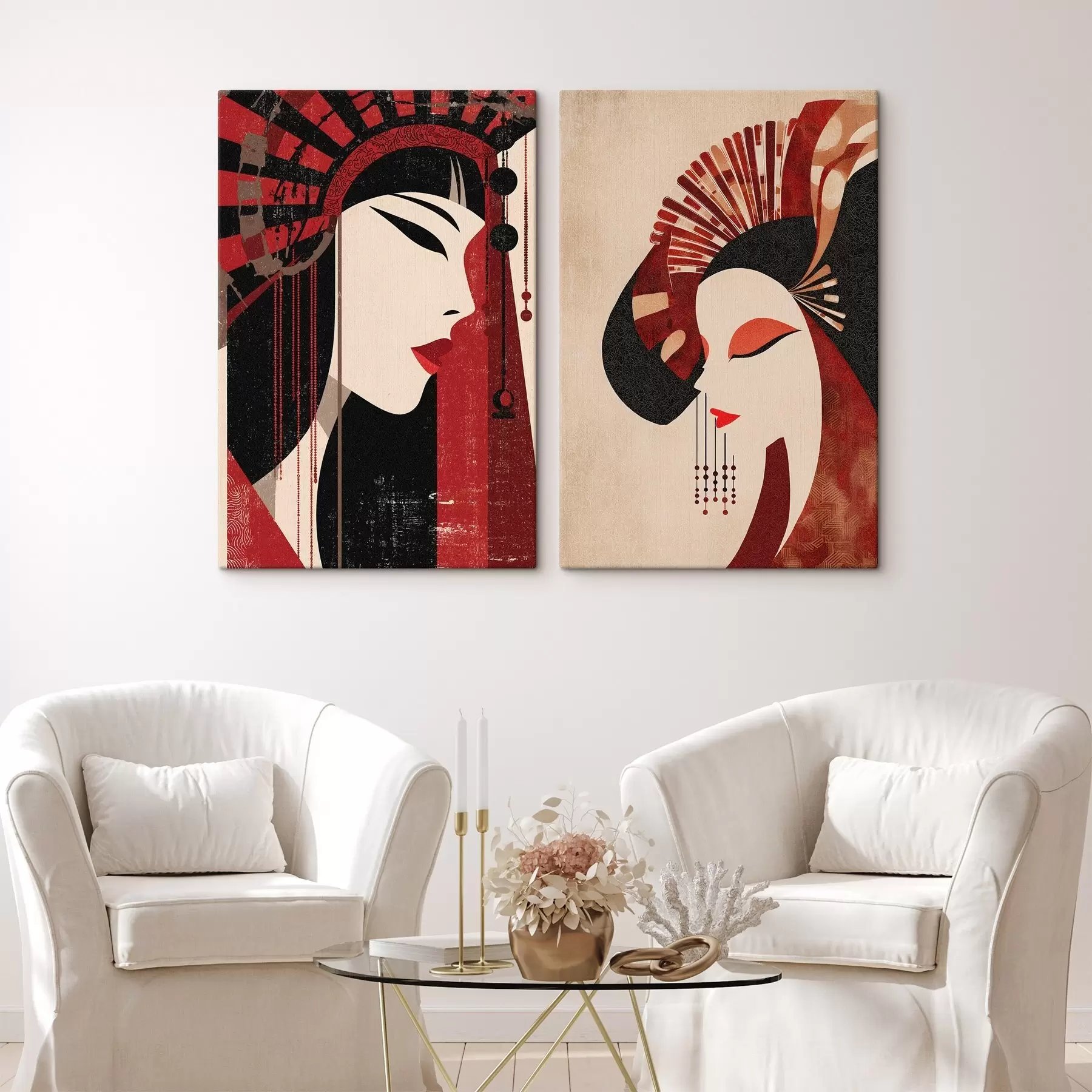  Schilderijen gestileerd portret van een vrouw, geïnspireerd door de Japanse en art-deco-esthetiek m30431