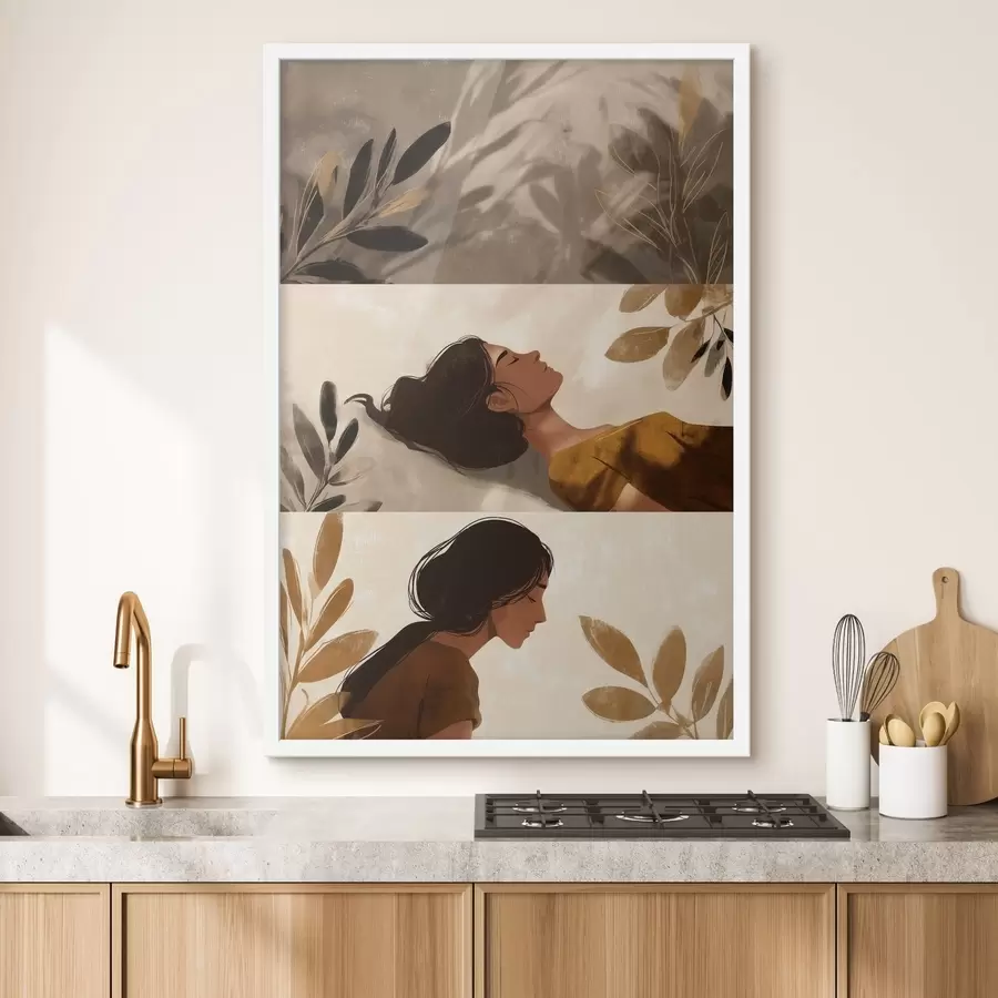 Fotobehang Drieluik ‘Vrouw met bladeren’ f49018