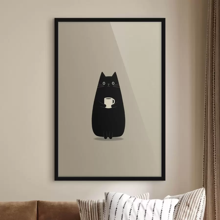 Fotobehang Zwarte kat met een kopje f49030