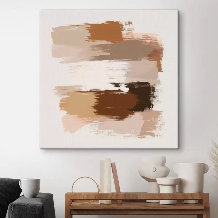  Schilderijen Minimalistisch tafereel met horizontale penseelstreken in koffie- en terracottatinten s48858