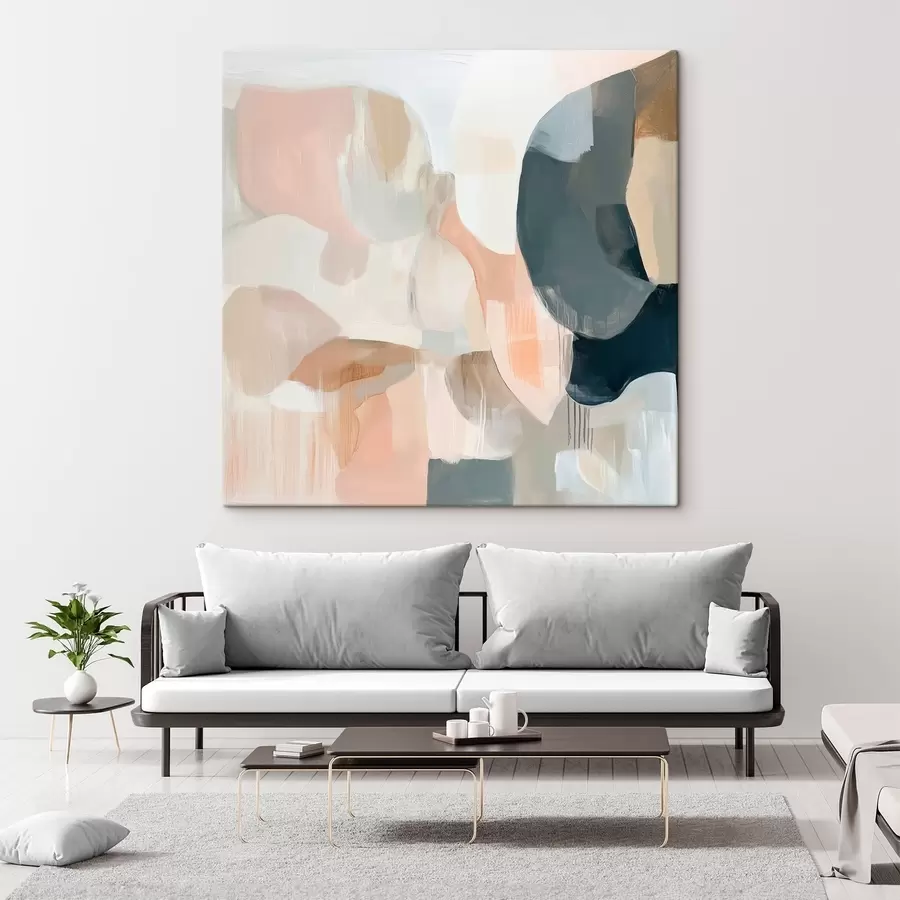  Schilderijen Een abstracte compositie in pastel- en donkerblauwe tinten, uitgevoerd in een eigentijdse schilderstijl s48860