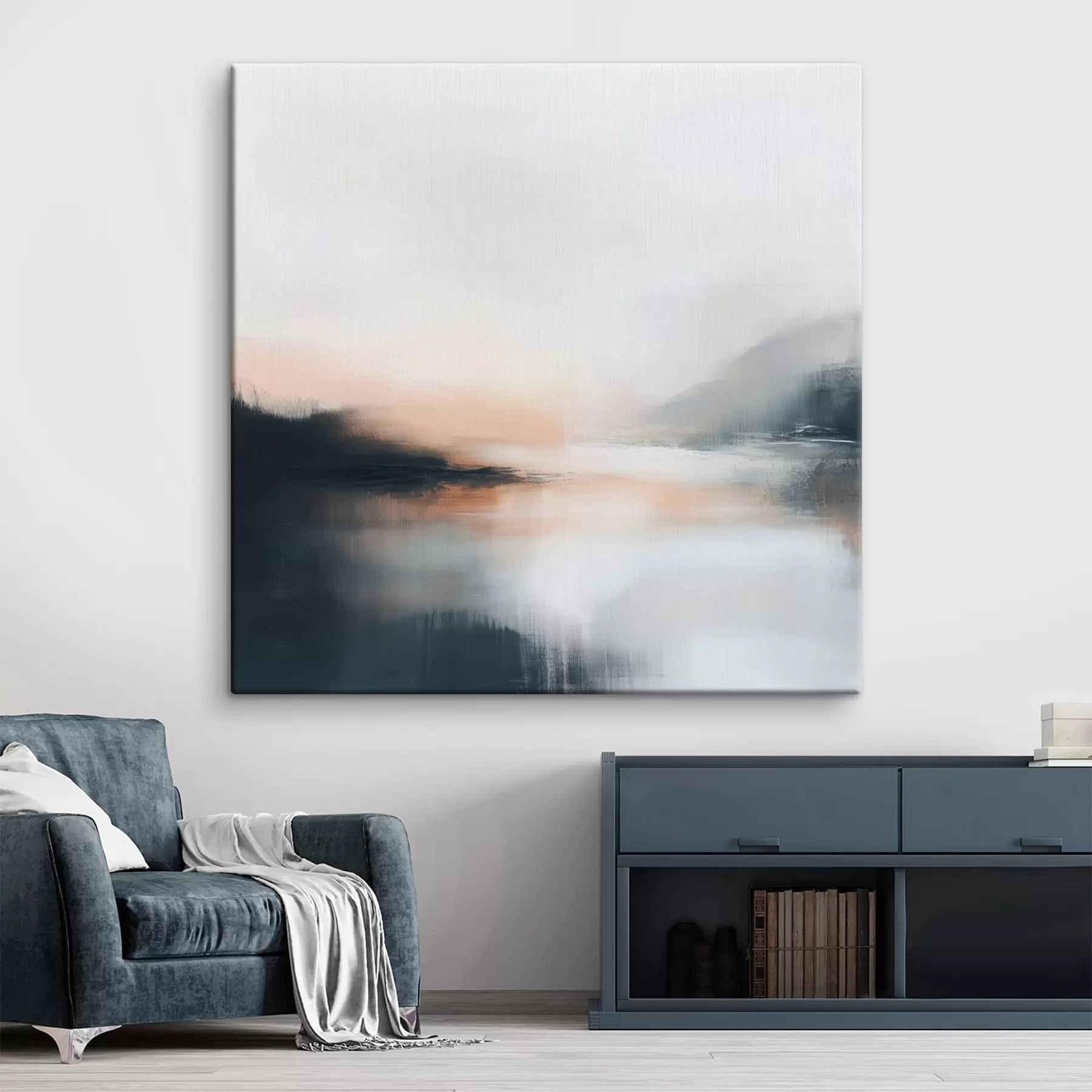  Schilderijen Abstract, mistig landschap in een warm beige-koraalkleurig palet s48861