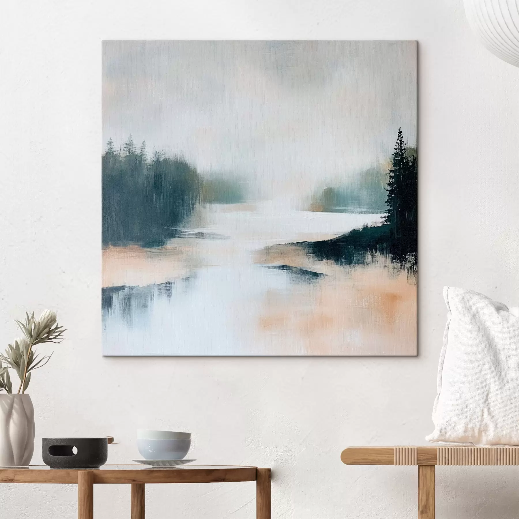  Schilderijen Een abstract boslandschap in roze en blauwe tinten, geschilderd in een eigentijdse stijl s48862