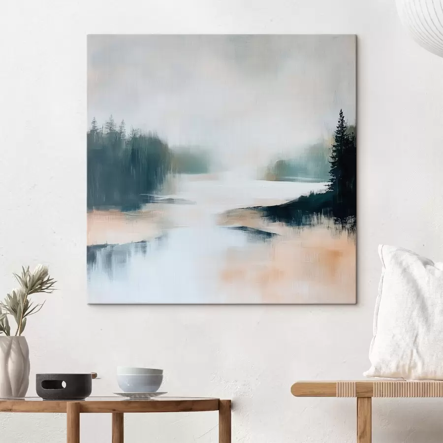  Schilderijen Een abstract boslandschap in roze en blauwe tinten, geschilderd in een eigentijdse stijl s48862