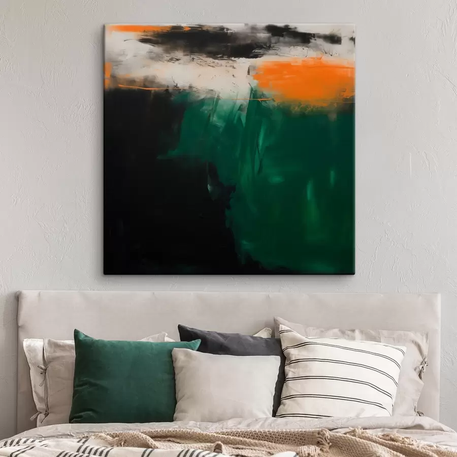  Schilderijen Een abstract schilderij met oranje accenten en diepgroene penseelstreken in een eigentijdse stijl s48865