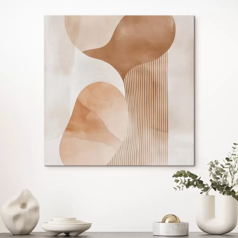  Schilderijen Decoratieve kunst in een warm beige-koraalkleurig palet met een aquareleffect s48870